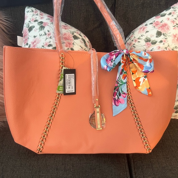 Badgley Mischka Orange Tote Bag with Floral Scarf - Picture 11 of 16